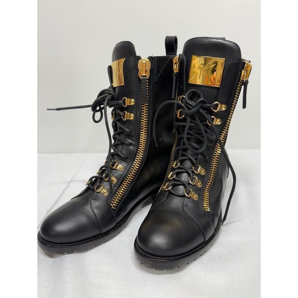 Giuseppe Zanotti Black Leather Gold Zip Combat Boots Italy Size 40